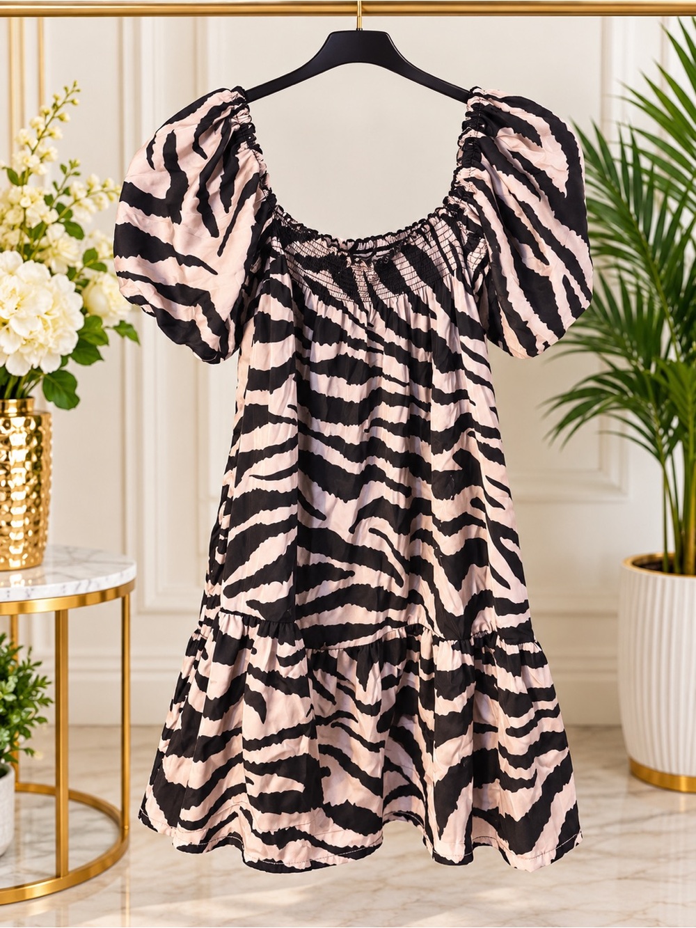 Women’s Puff Sleeve Zebra Print Dress - Pink/Black